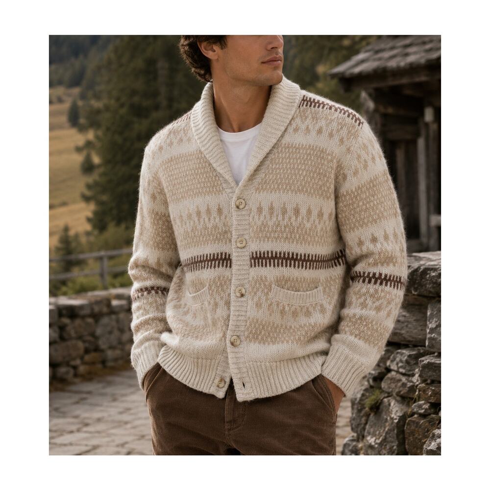 Fair Isle Chunky Cardigan Sweater Mens XL Beige Brown Preppy Coastal Old Navy